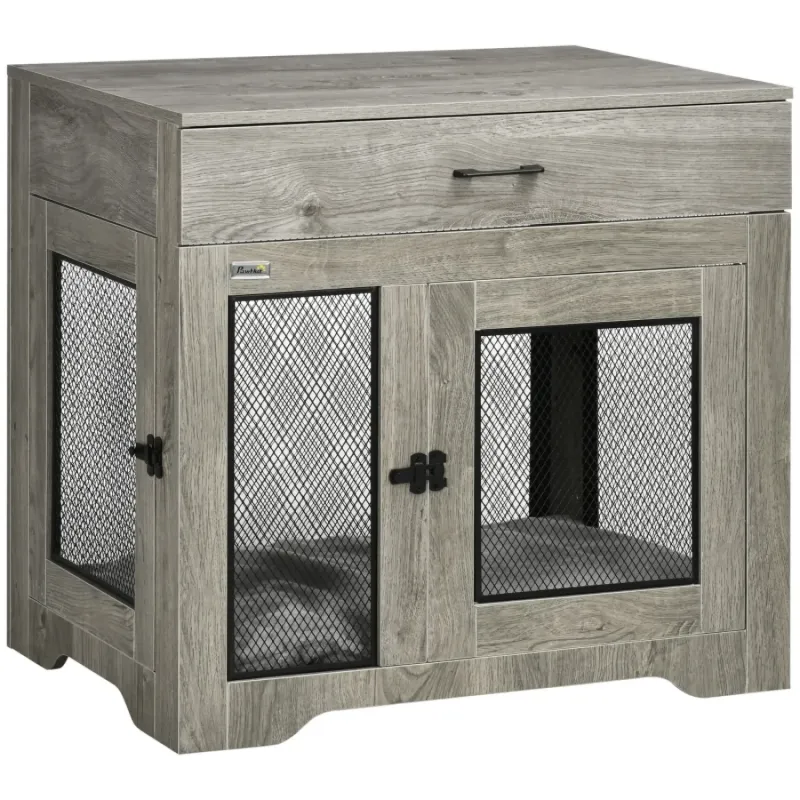 Grey Dog Crate Side Table with Storage Drawer and Washable Cushion