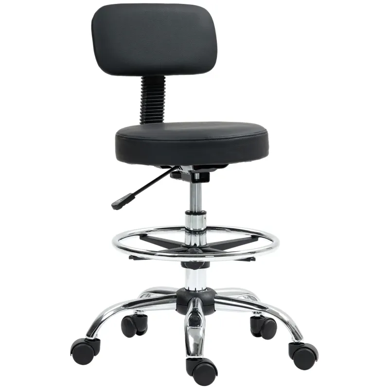 Height Adjustable Drafting Chair with Footrest and Backrest, Faux Leather - Black