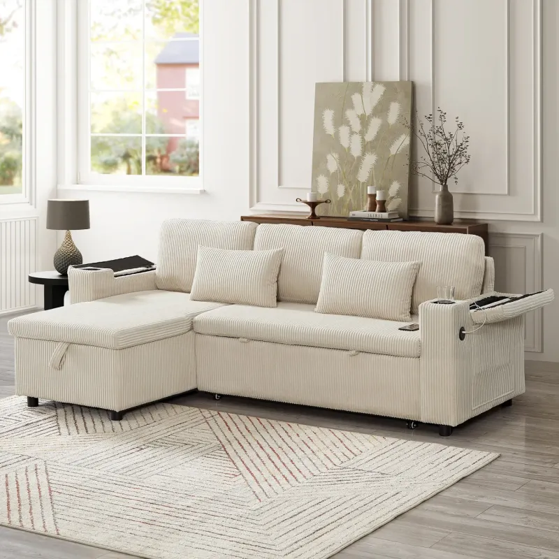 Beige Corduroy 3-Seater L-Shaped Sofa Bed with Reversible Storage Chaise and Charging Station