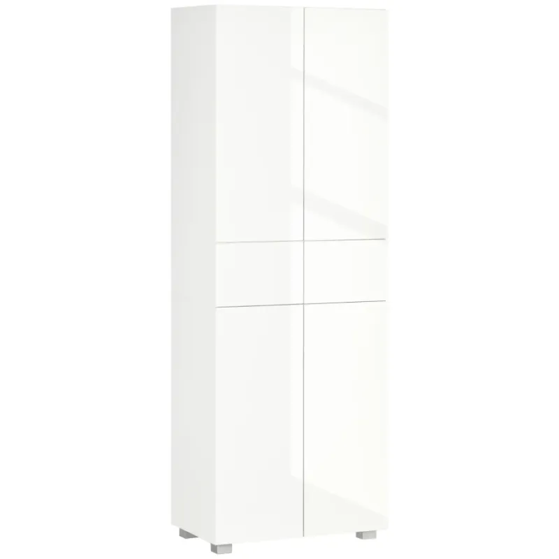  High Gloss White Larder Cupboard - Tall Freestanding Kitchen Storage Unit with 2 Drawers
