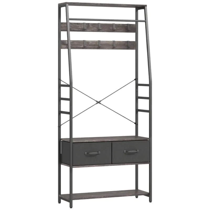  Industrial Hall Tree Coat Rack with Shoe Bench and 2 Drawers - Grey