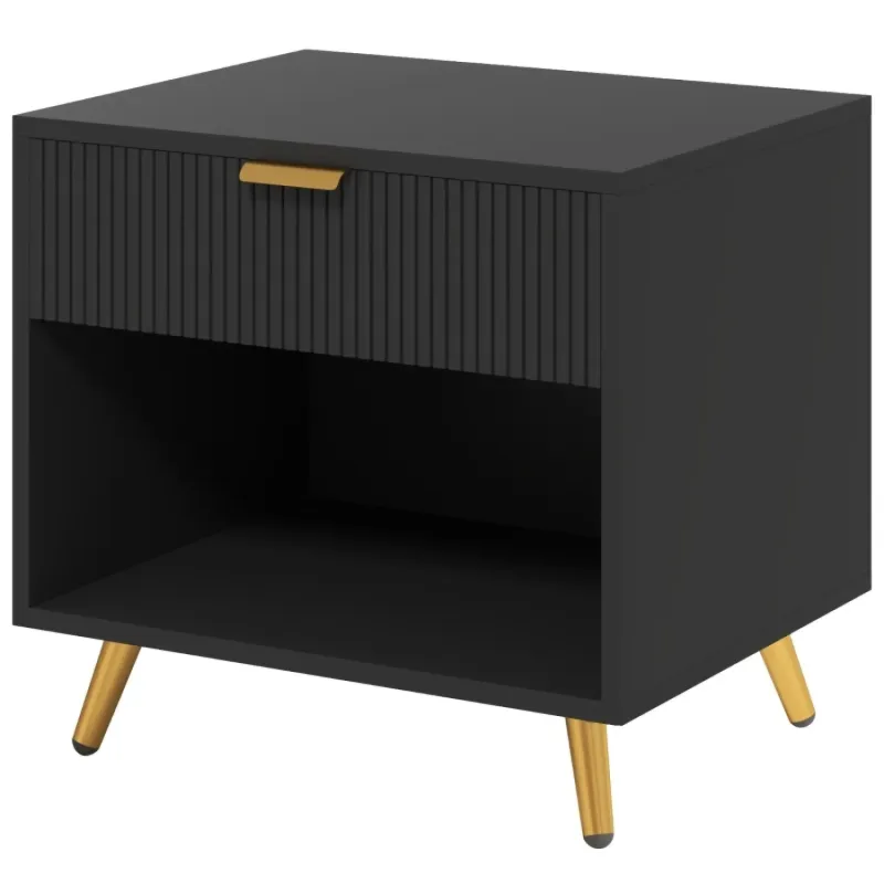 Bedside Table with Drawer and Shelf in Black and Gold