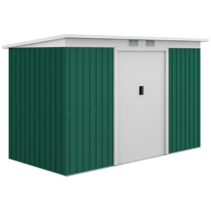  9ft x 4ft Metal Garden Shed with Foundation Kit & Double Doors - Deep Green