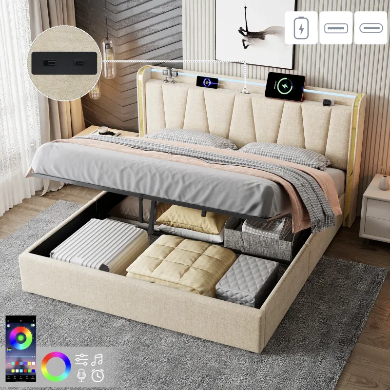 King Ottoman Bed Frame with LED Headboard and USB Charging, Beige Linen
