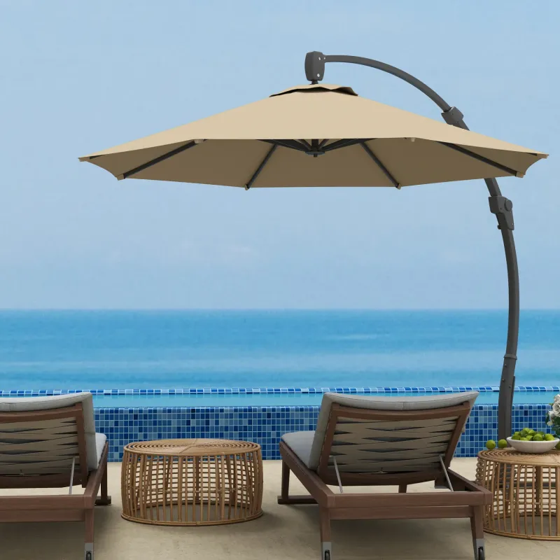  3m Cantilever Garden Parasol - 360° Rotating Overhanging Umbrella with Aluminium Frame, Khaki