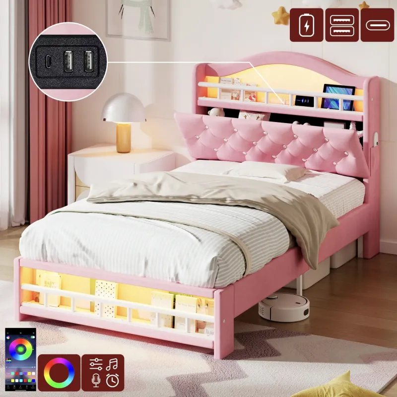 3ft Single Pink Velvet Storage Bed with LED Headboard and Charging Station