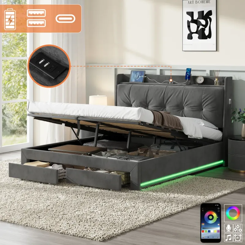 King Size Grey Velvet Ottoman Bed with Storage Drawers, LED Headboard and USB Charging Station