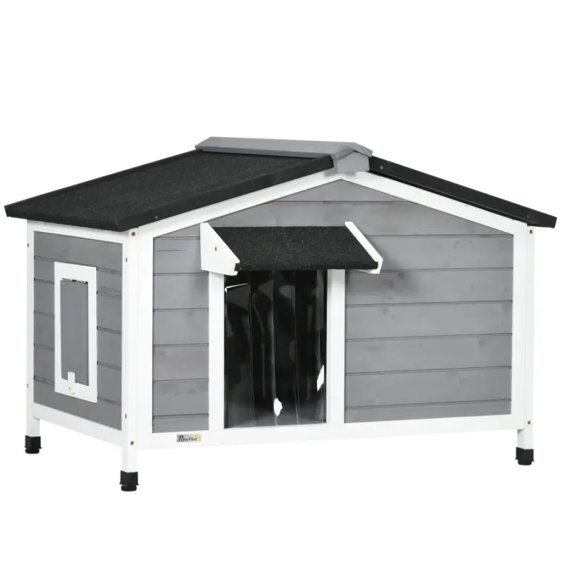 Wooden Outdoor Dog Kennel with Openable Roof and Raised Base - Grey