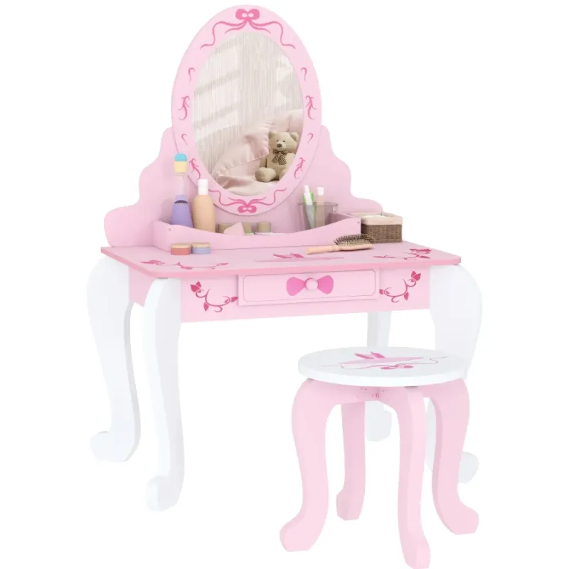 AIYAPLAY Kids Ballet-Themed Dressing Table and Stool Set with Mirror - Pink