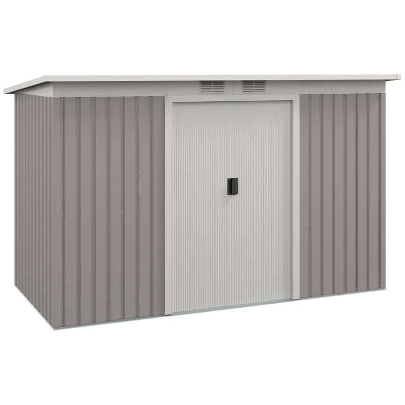  9 x 4ft Corrugated Metal Garden Shed with Lockable Sliding Doors - Light Grey
