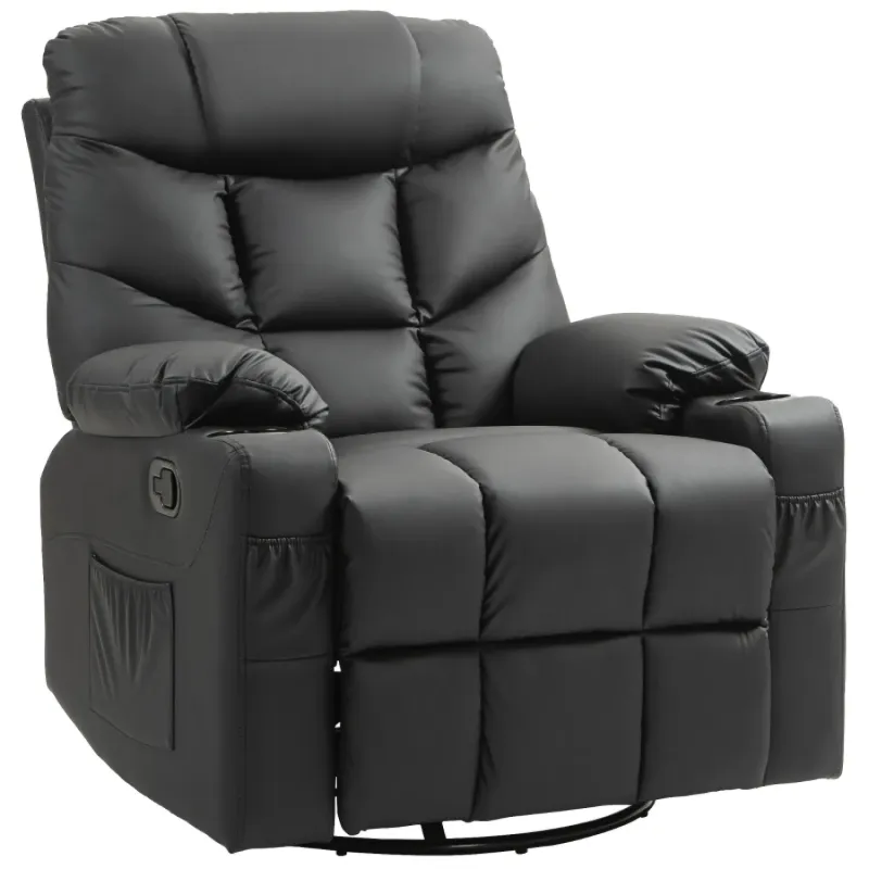 Black Faux Leather Manual Swivel Recliner Chair with Cup Holders