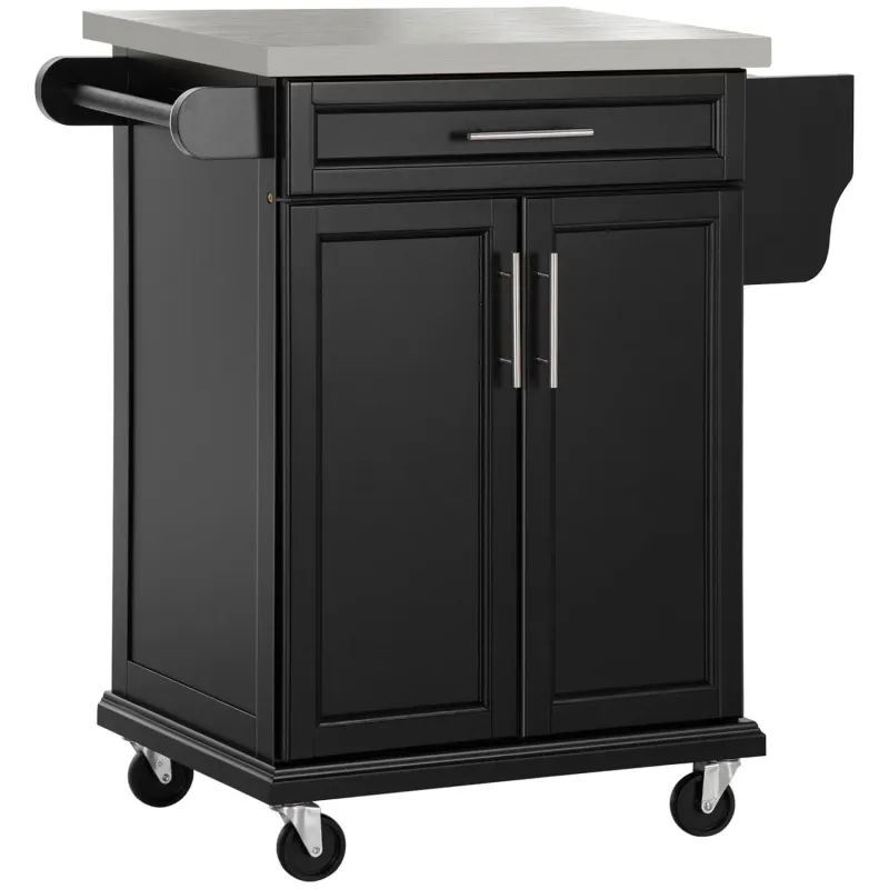 Black Kitchen Island Storage Trolley with Stainless Steel Worktop