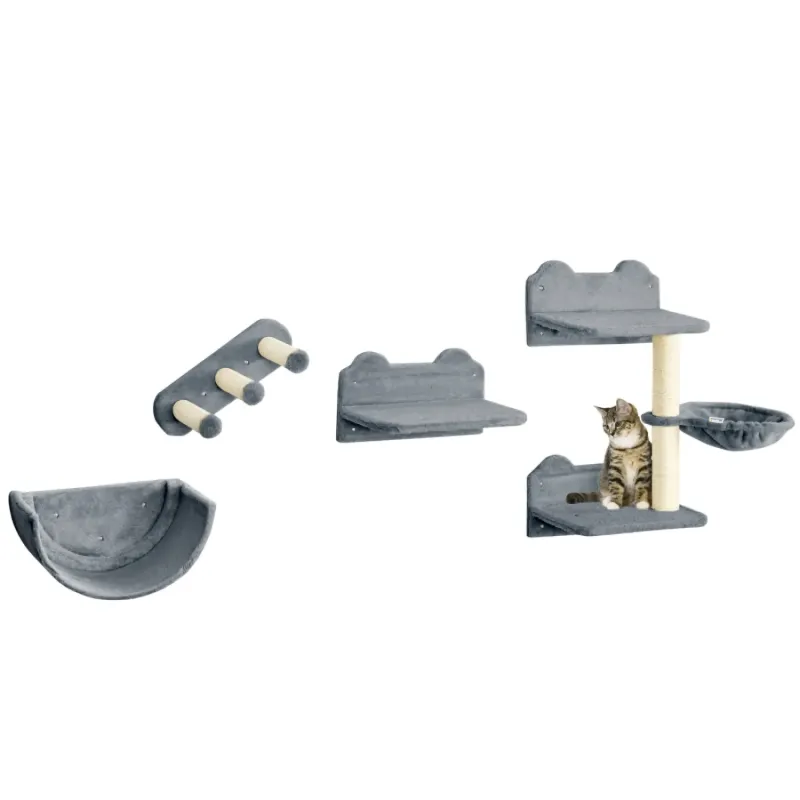 4-Piece Wall-Mounted Cat Shelf Activity Set with Scratching Post and Hammock - Grey