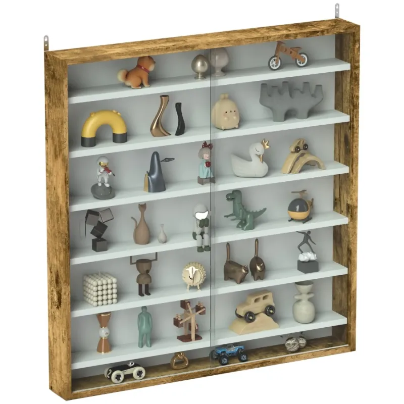 Wall Mounted Six Shelf Display Cabinet with Glass Doors - Brown
