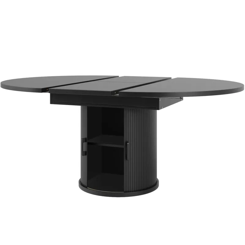 Walnut and Black Extendable Round to Oval Dining Table with Base Storage, 118cm-158cm