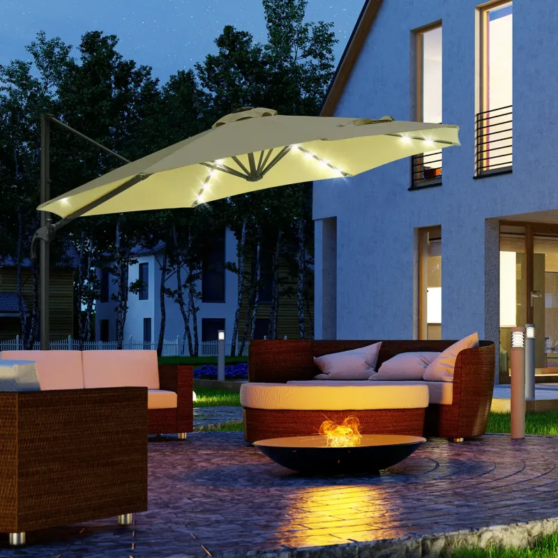  3m Solar LED Cantilever Parasol with 360° Rotation and 4-Position Tilt, Beige