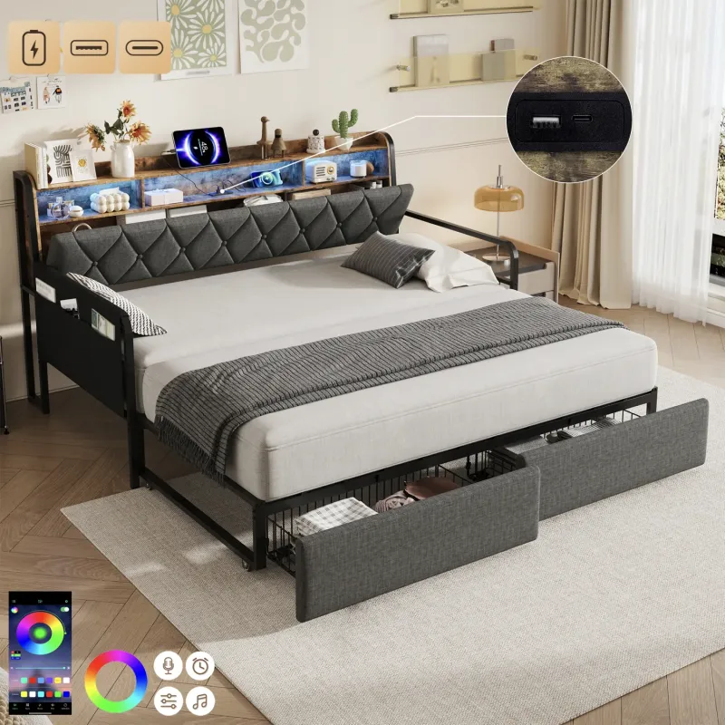 Walnut and Linen Daybed with Trundle, Single, in Grey, with LED Lighting and Charging Station