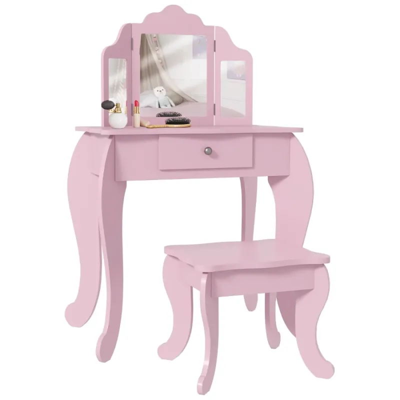 Kids Pink Dressing Table and Stool Set with Tri-Folding Mirror and Storage Drawer