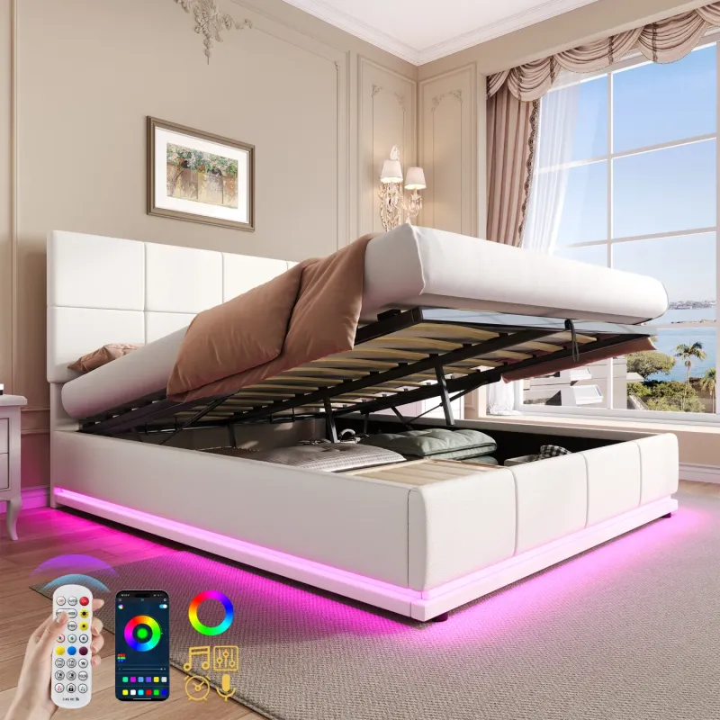 Cream White PU Leather 4ft6 Double Ottoman Bed with RGB LED Lighting