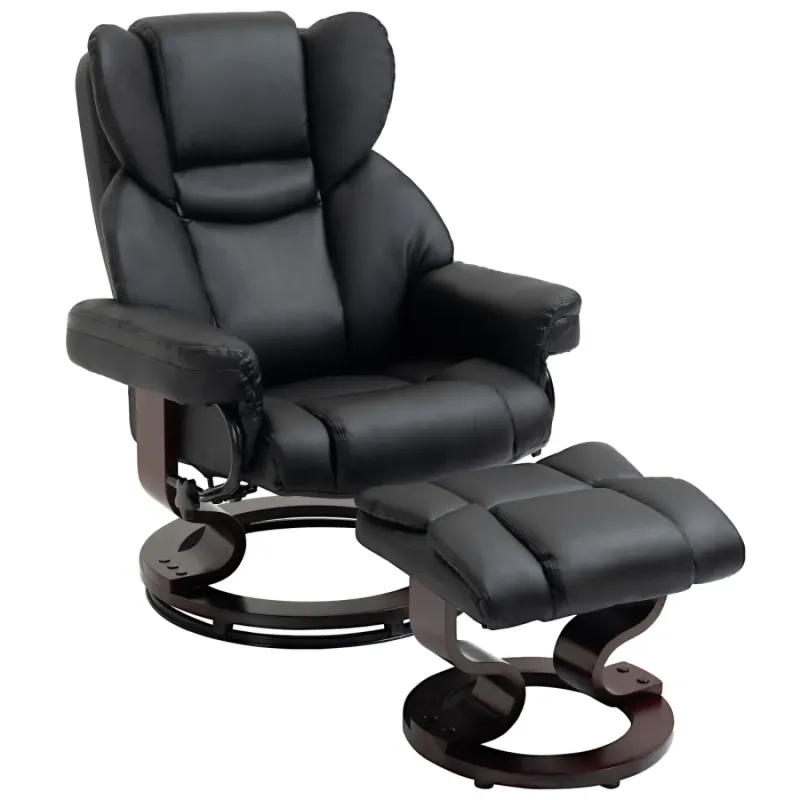 360° Swivel Recliner Armchair with Matching Footstool - Black Faux Leather