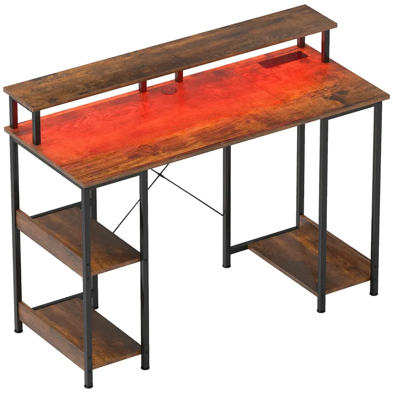 LED Computer Desk with Power Outlets and Storage Shelves - Rustic Brown