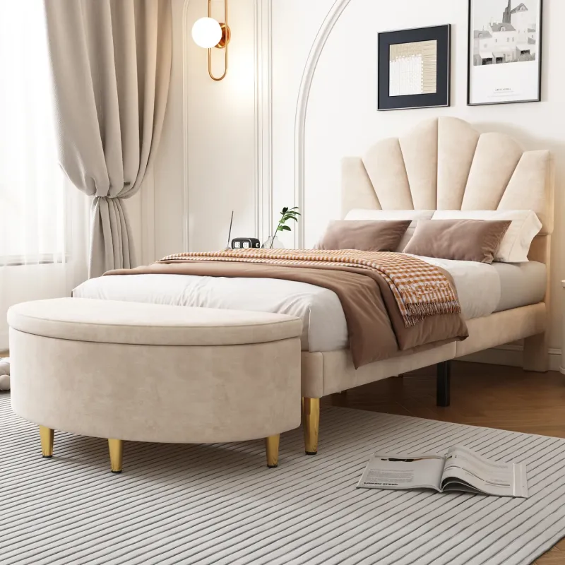 Velvet Upholstered 3ft Single Bed with Matching Storage Bench - Beige