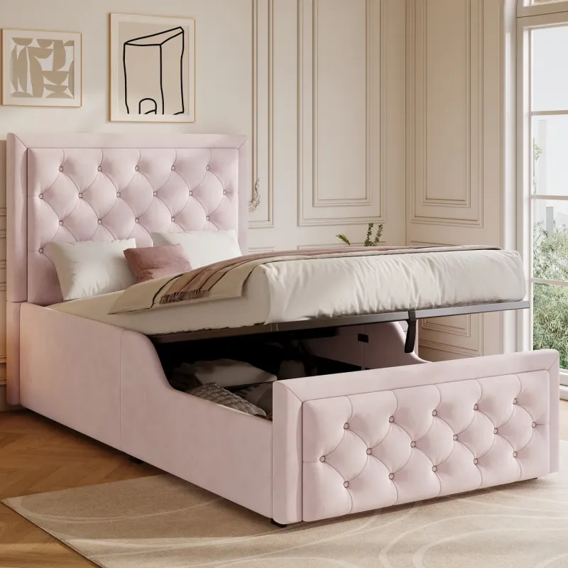 Pink Velvet 3ft Single Ottoman Bed with Padded Side Rails