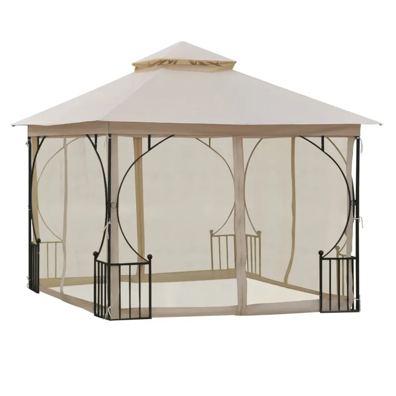  3 x 3m Metal Garden Gazebo with Mesh Side Walls and Double-Tier Canopy - Beige