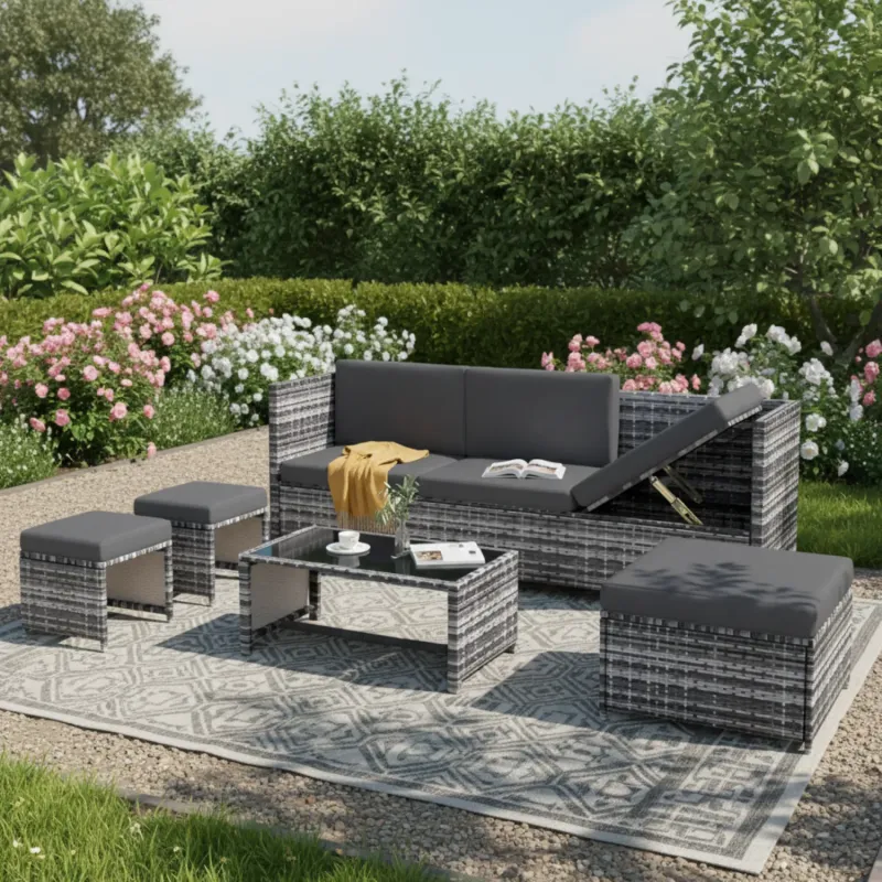 Outdoor Lounge Set with Sofa, Stool and Coffee Table, Grey Rattan
