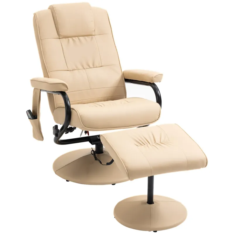  Faux Leather Swivel Massage Recliner Chair with Ottoman - Cream