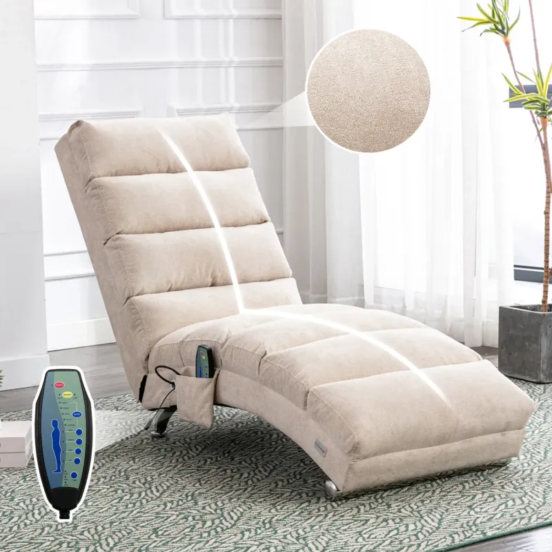 Linen Fabric Chaise Longue with Gentle Vibration and Side Pocket