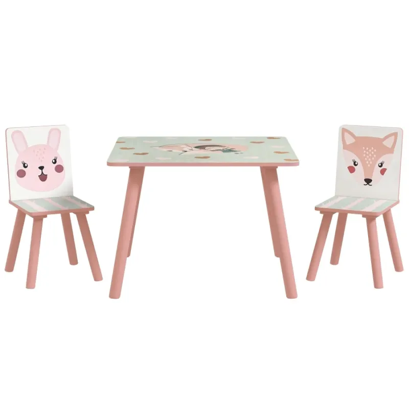 3-Piece Kids Table and Chairs Set - Pink Animal Theme Toddler Furniture with Solid Wood Legs
