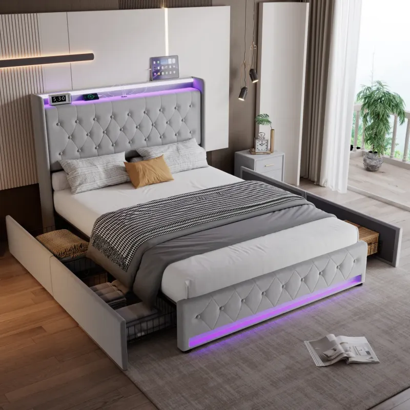 Grey Velvet 4ft6 Double Storage Bed with LED Lights and USB Charging