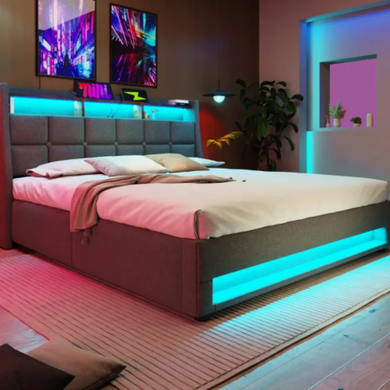 6FT Super King Grey Linen Upholstered Ottoman Storage Bed with LED Lighting & USB Charging