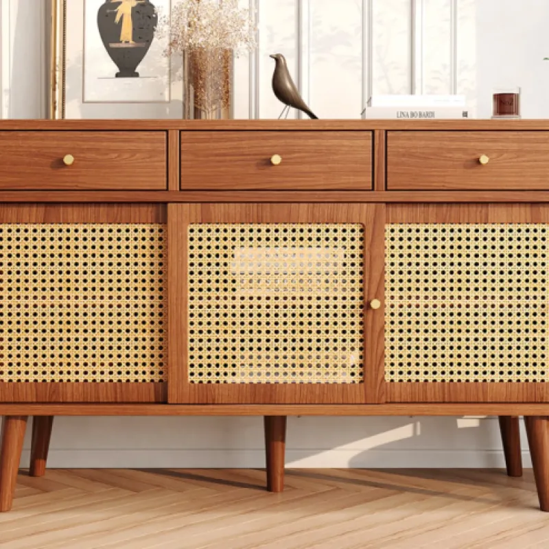 120cm Rattan Sideboard with 3 Drawers and Sliding Door - Wood Effect Cabinet