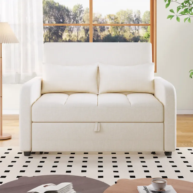 2-Seater Pull-Out Sofa Bed with Adjustable Backrest and 2 Pillows - Off White