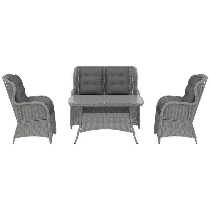  4-Seater Rattan Garden Furniture Set with High Back Chairs and Glass Coffee Table - Light Grey