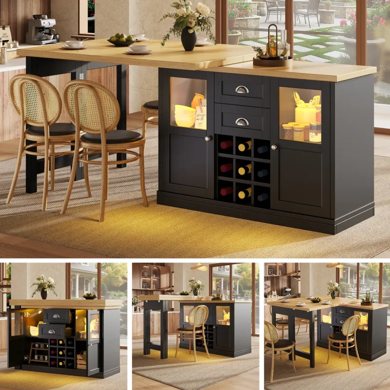 Extendable Kitchen Island Sideboard with 3-Colour LED Lights and Wine Rack - White