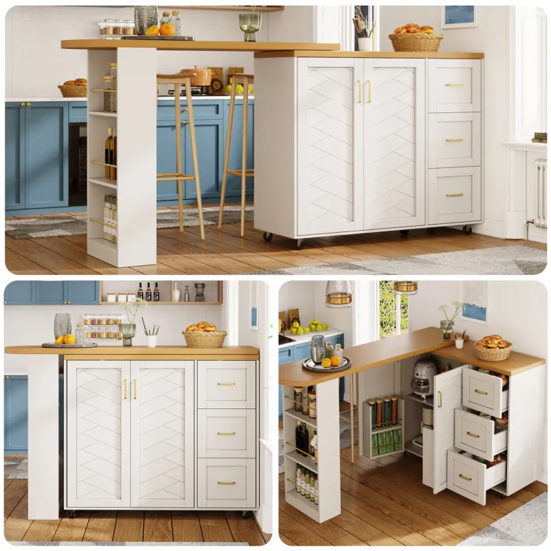 Extendable Kitchen Island with 3 Drawers and 2 Doors - 135-228cm - White