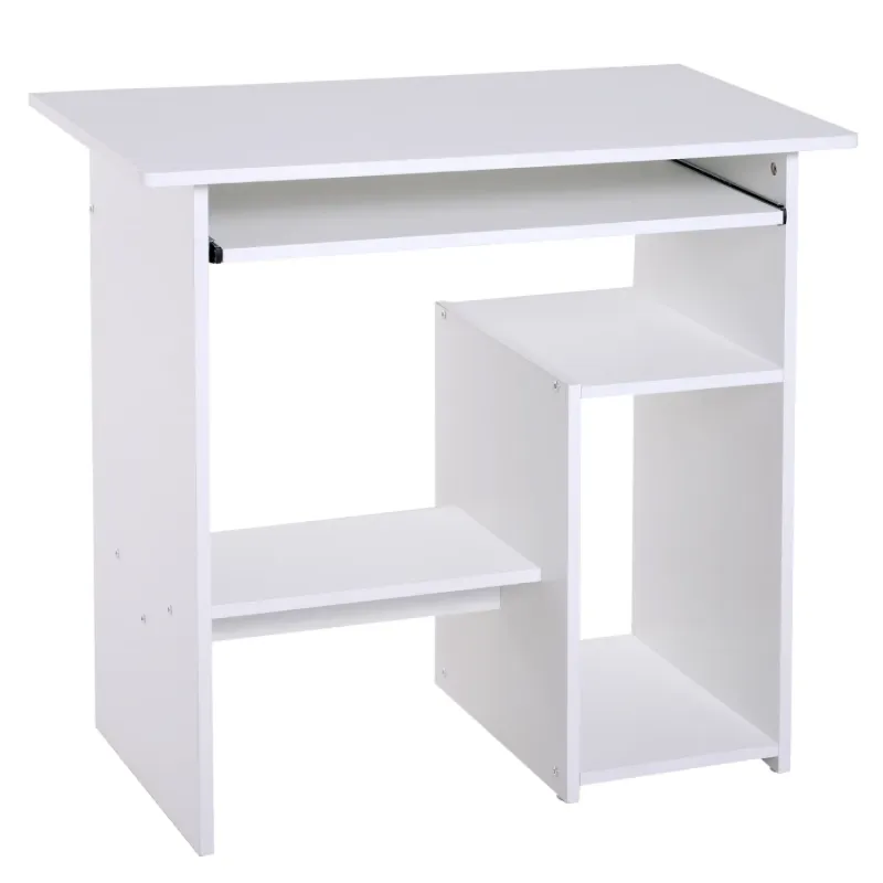 Compact Computer Desk with Keyboard Tray and Storage Shelves - White
