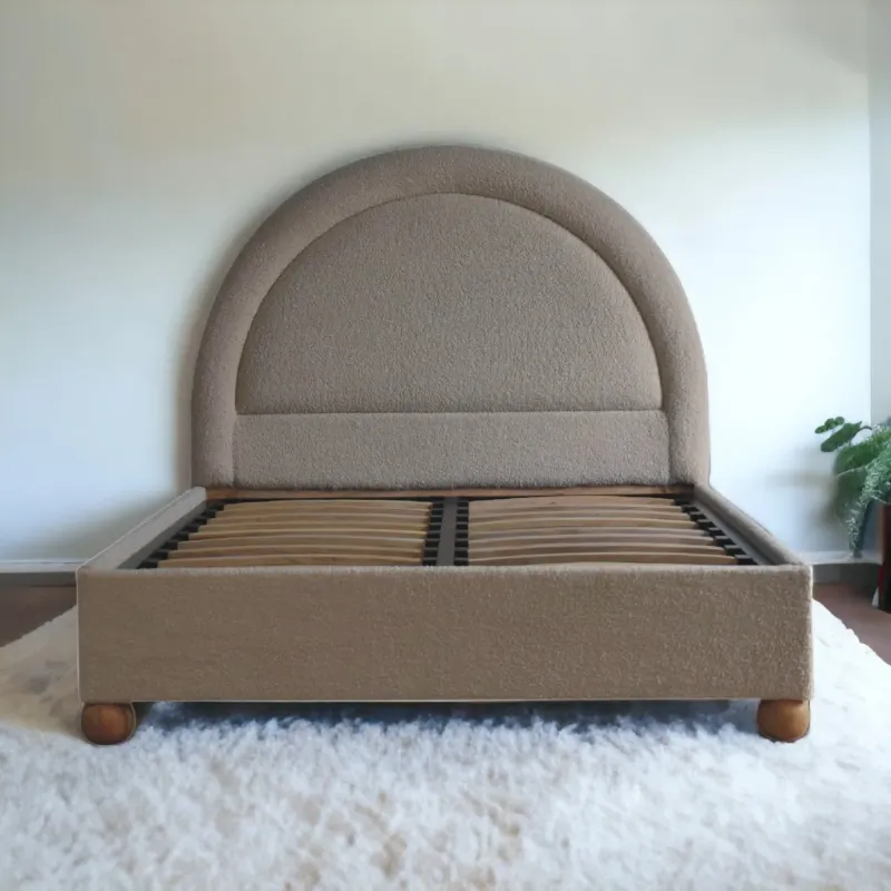 Solid Wood and Boucle Storage Double Bed - Cream
