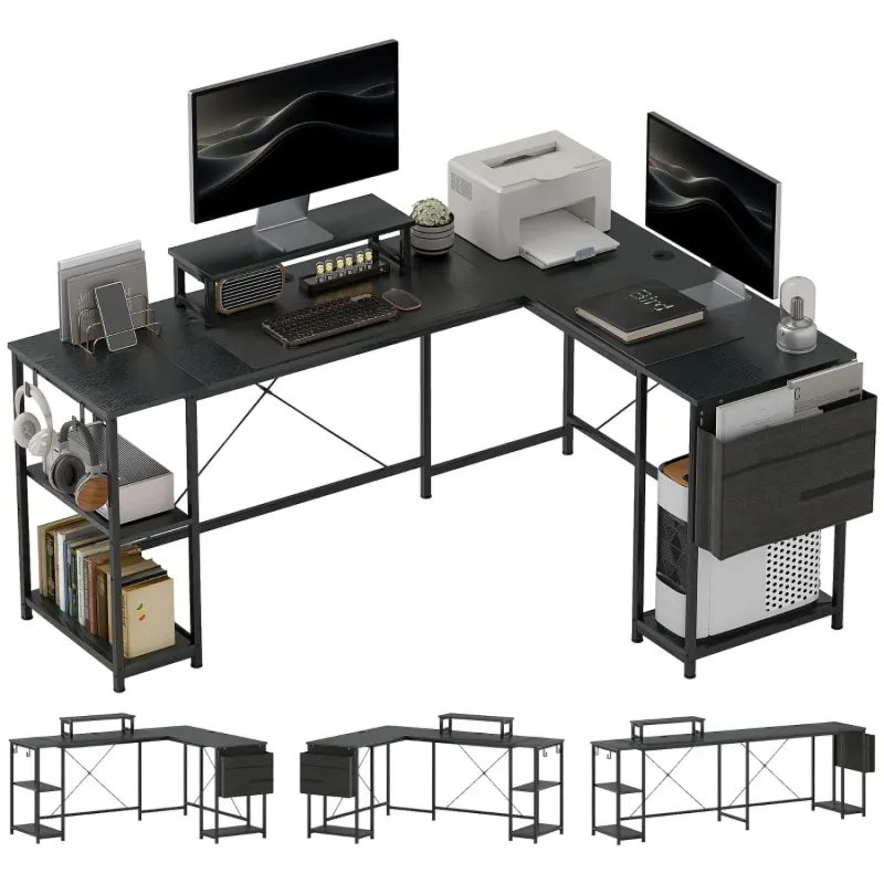Reversible 168cm L-Shaped Desk with Storage and Monitor Stand - Black