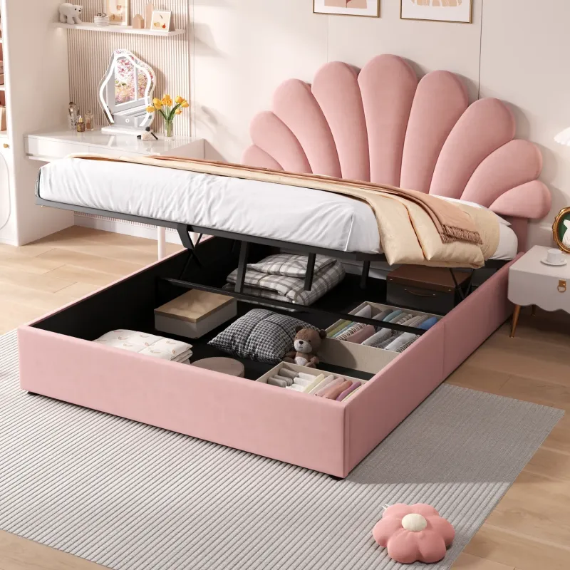 Double Velvet Petal Upholstered Ottoman Bed with Hydraulic Storage - Pink