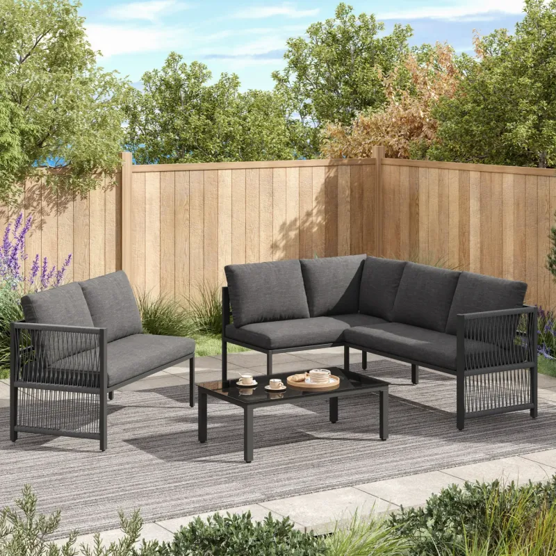 5-6 Seater Modular Garden Corner Sofa Set with Rope Weave and Coffee Table, Grey