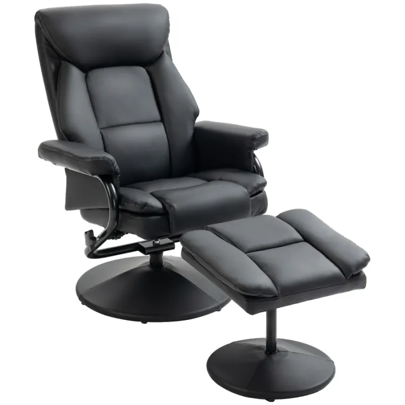 Faux Leather Swivel Recliner Chair with Matching Footstool - Black