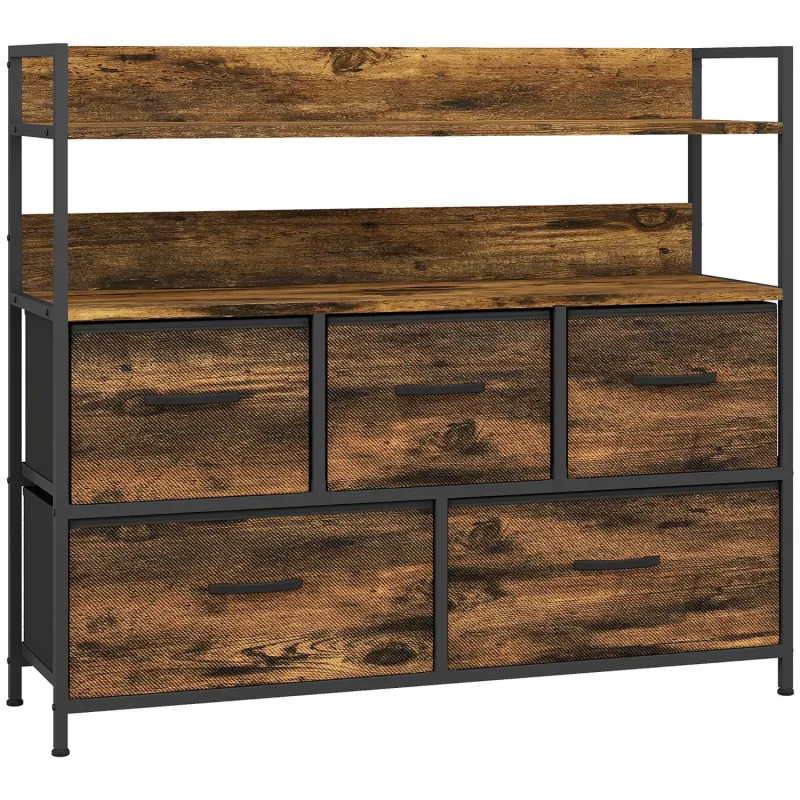 Rustic Chest of 5 Fabric Drawers with Shelves - Rustic Brown