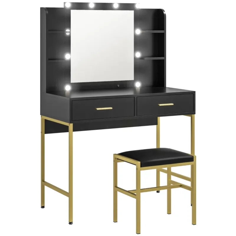 Hollywood Mirror Dressing Table Set with 10 LED Bulbs, Storage Shelves and Padded Stool - Black