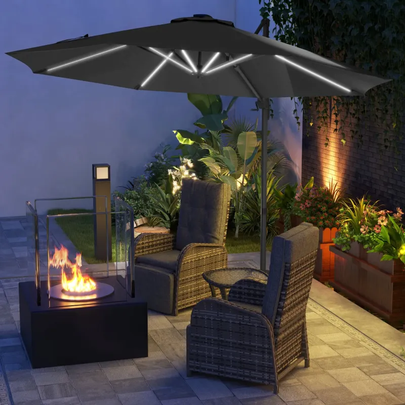  3m Solar LED Cantilever Parasol with 360° Rotation and Tilt - Dark Grey