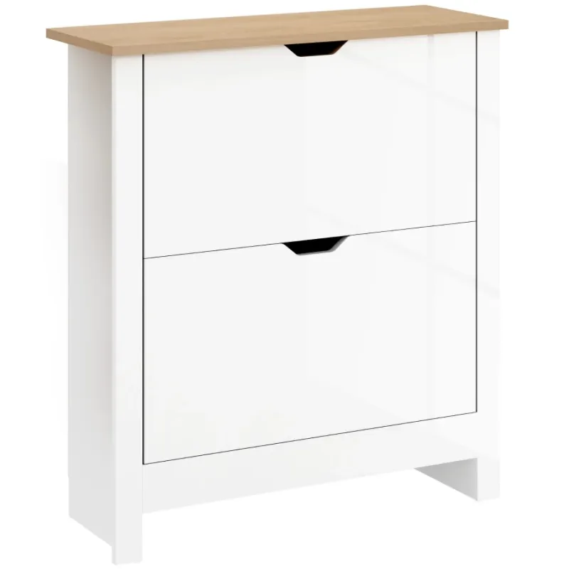Slim Shoe Cabinet with 2 Flip Drawers - High Gloss White & Oak