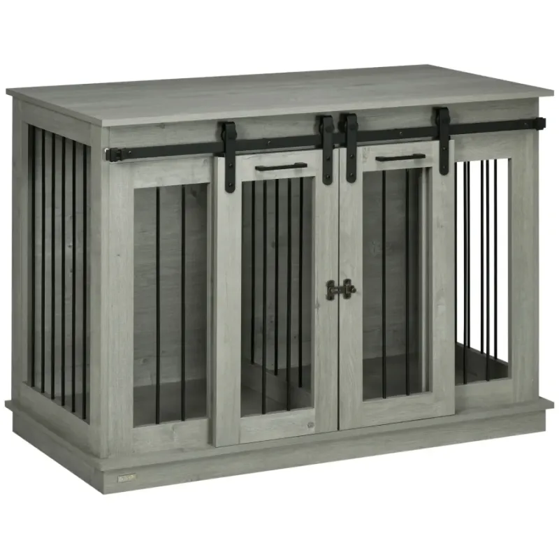 Grey Furniture Style Double Dog Crate with Sliding Barn Doors and Removable Divider